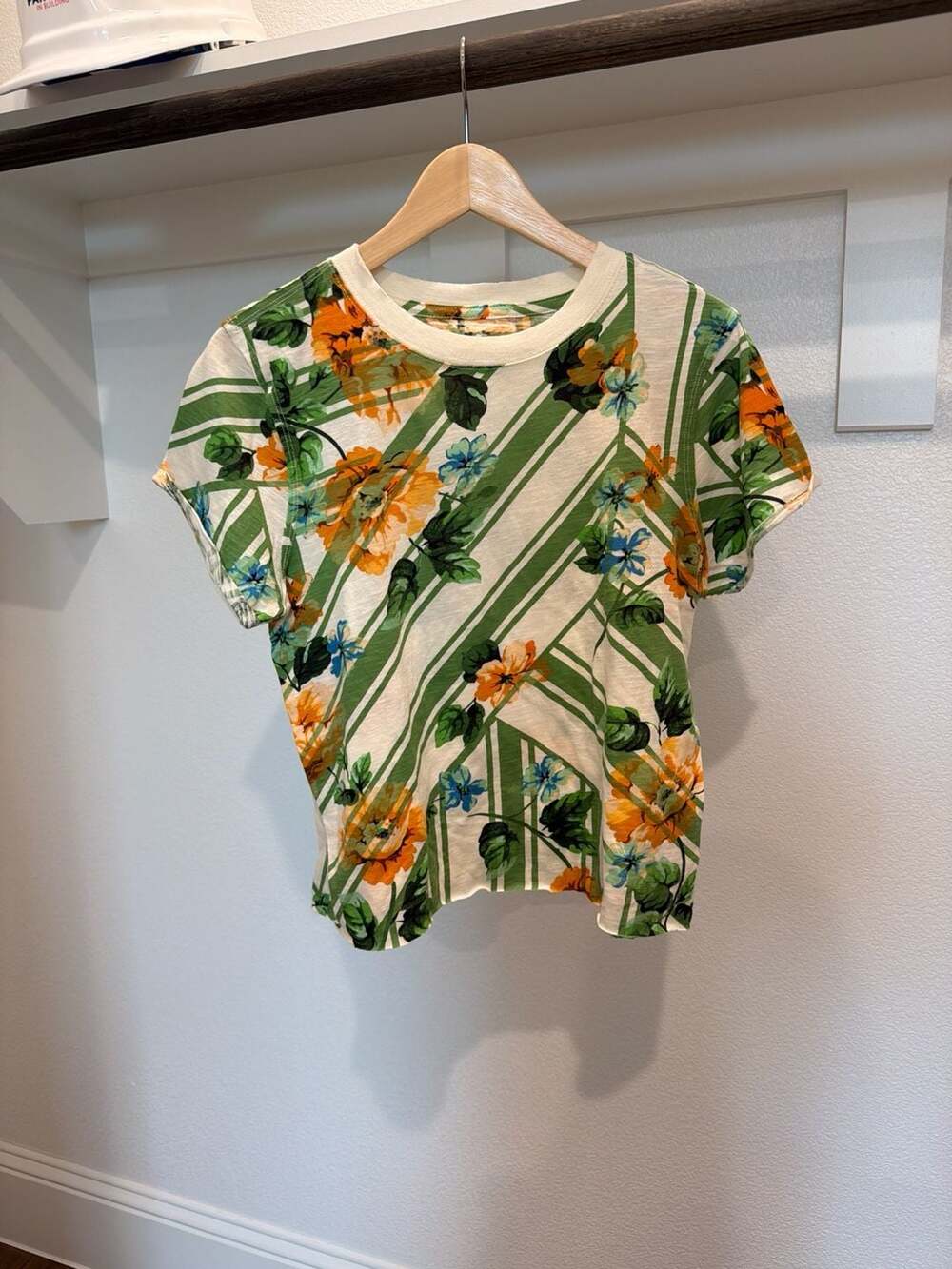Maeve by Anthropologie Green Striped Floral Burnout T-Shirt XS